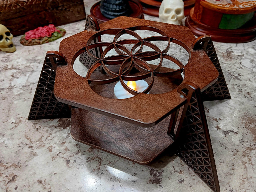 Wooden Geometric Tribal Candle Holder Table