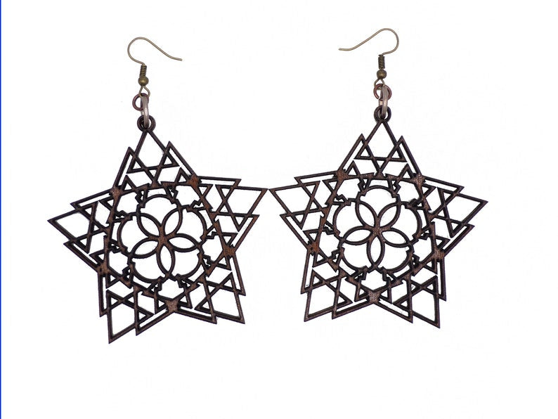 Wooden Mandala Geomteric Star Boho Earrings