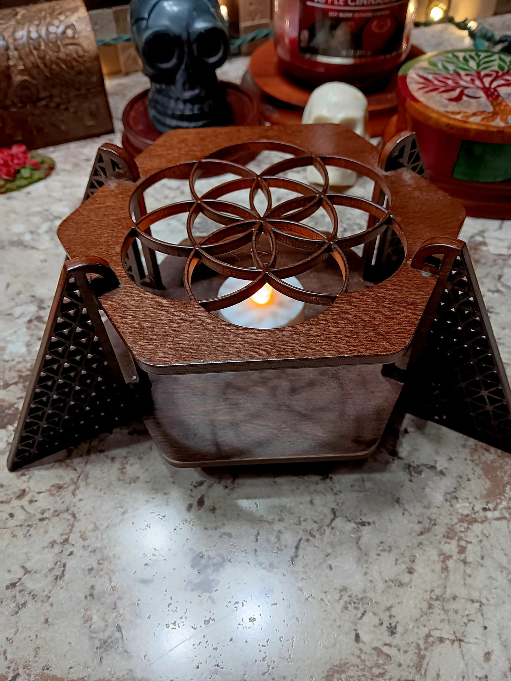 Wooden Geometric Tribal Candle Holder Table