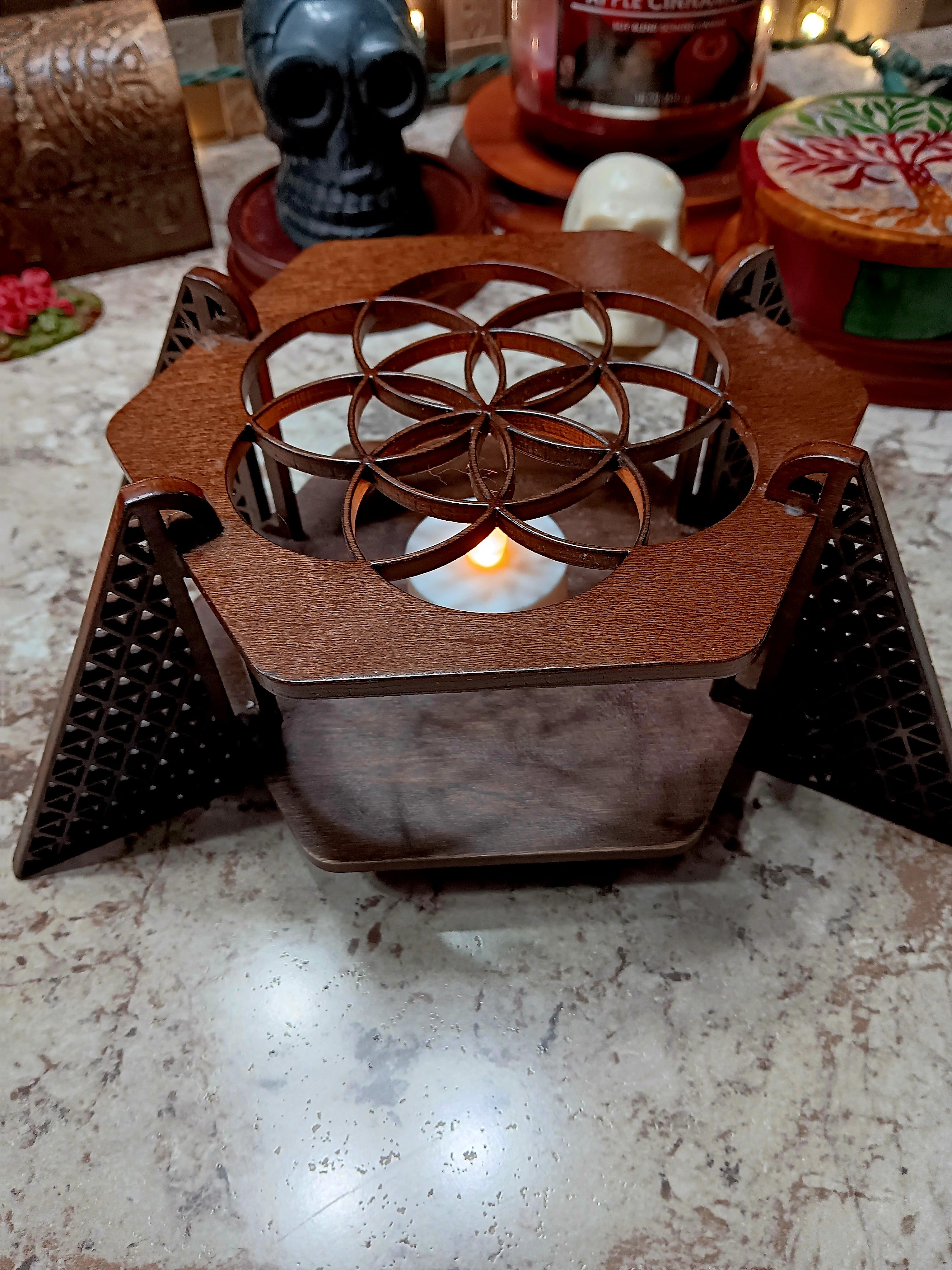Wooden Geometric Tribal Candle Holder Table