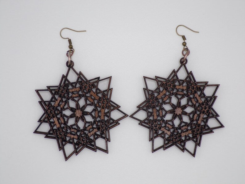 Wooden Geometric Boho Hippy Warped Flower Star Earrings