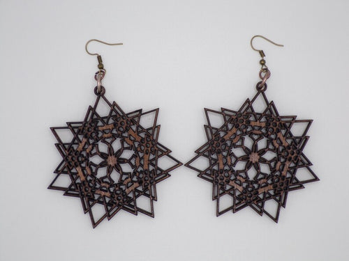 Wooden Geometric Boho Hippy Warped Flower Star Earrings