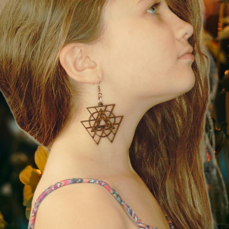 Wooden Geometric Tribal Triangle Earrings