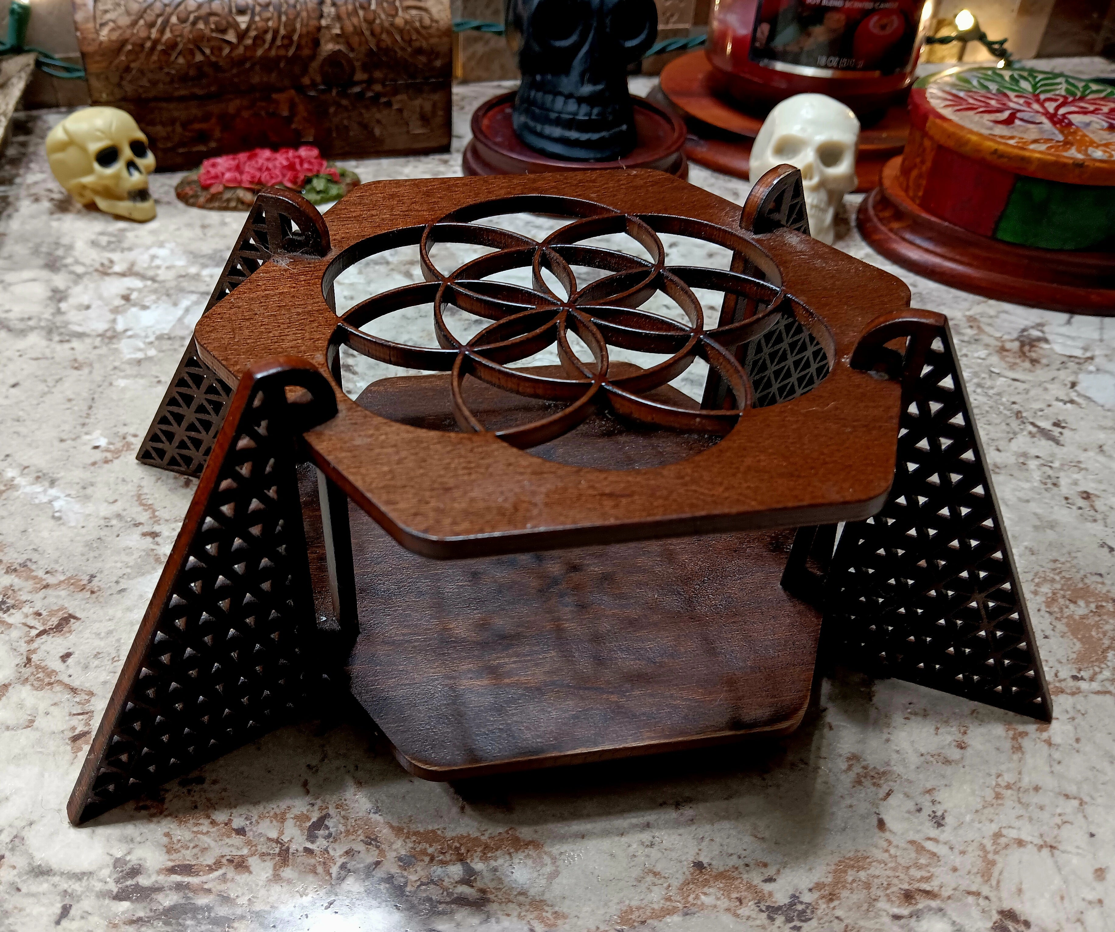 Wooden Geometric Tribal Candle Holder Table