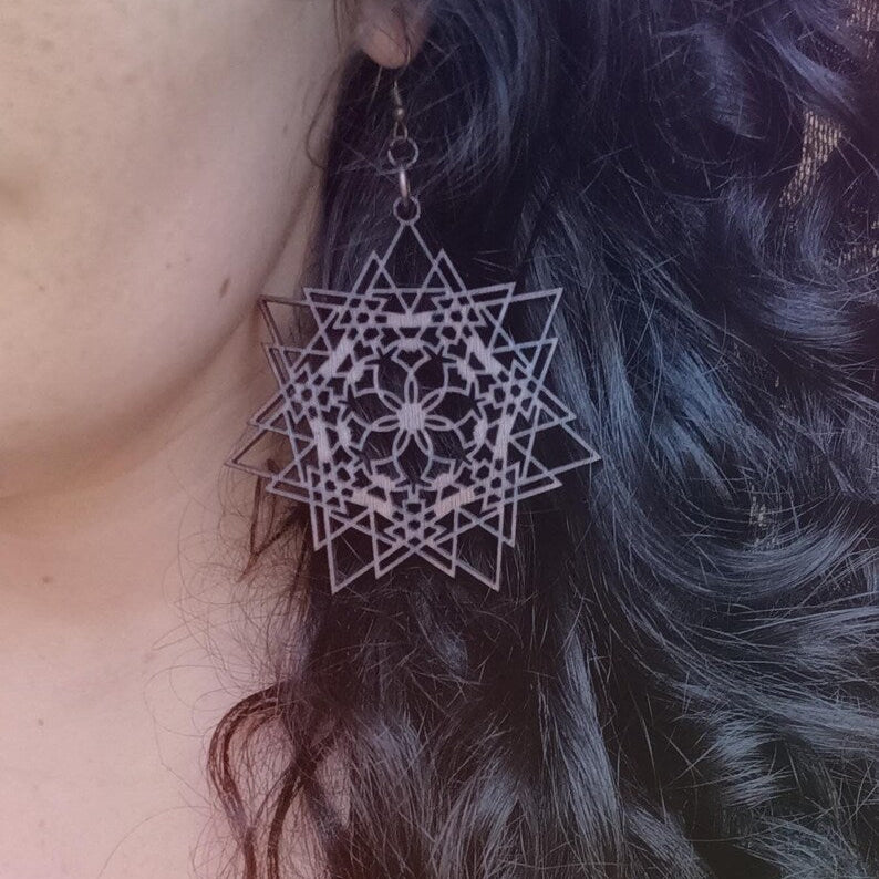 Wooden Geometric Boho Hippy Warped Flower Star Earrings
